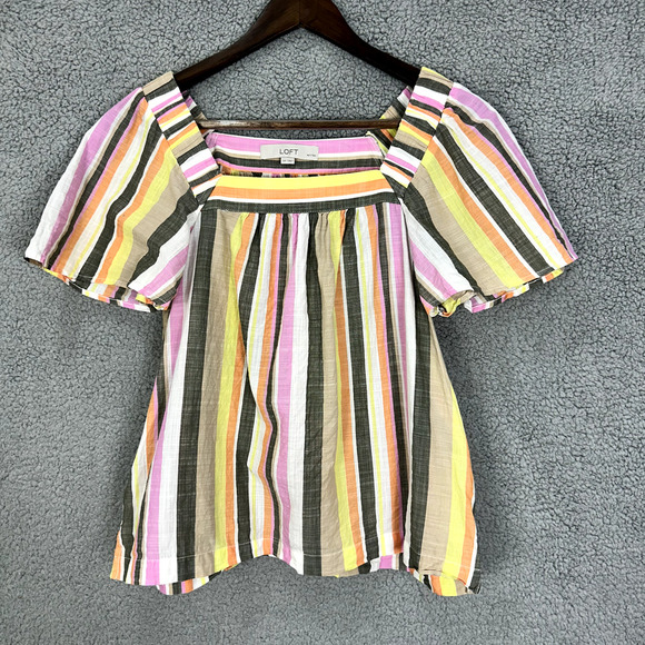 LOFT Top Womens‎ Small Petite Striped Square Neck Oversized Gauzy Cotton Boho - Picture 1 of 6
